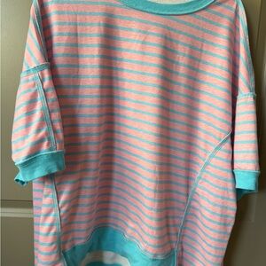Pastel Pink & Turquoise Striped Short Sleeve Top